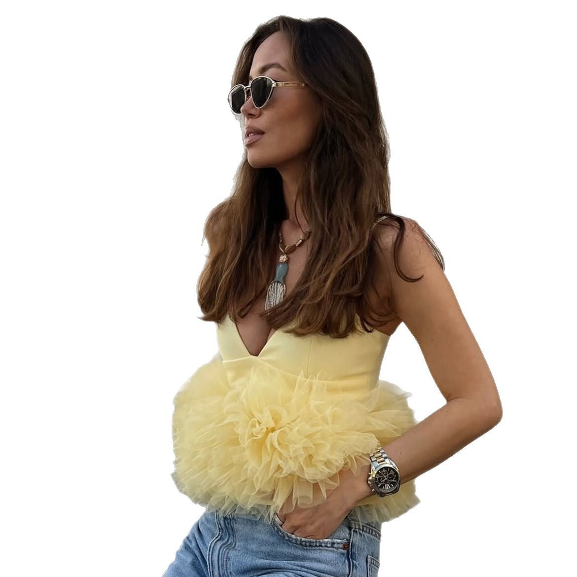 Mesh V-neck Patchwork Suspenders Top For Women