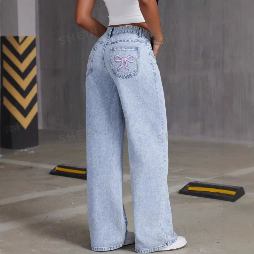 Vintage Bow Embroidered Washed Jeans For Women Straight Loose Trousers