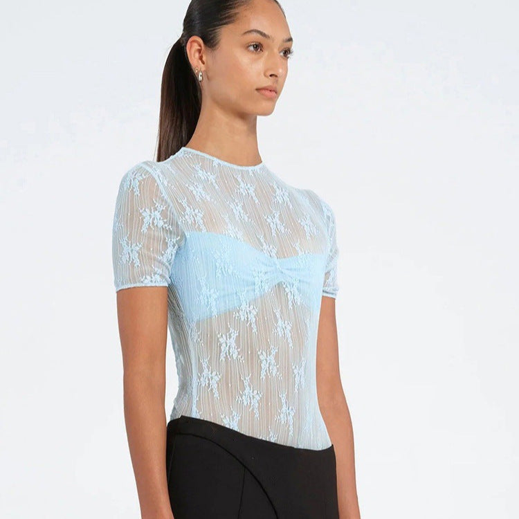 Jacquard Mesh See-through Pleated Slim Fit Short Sleeve Rompers