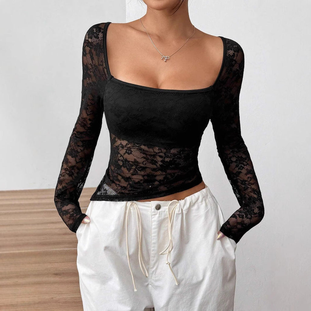 Elegant Women's Lace U-collar Asymmetric Top