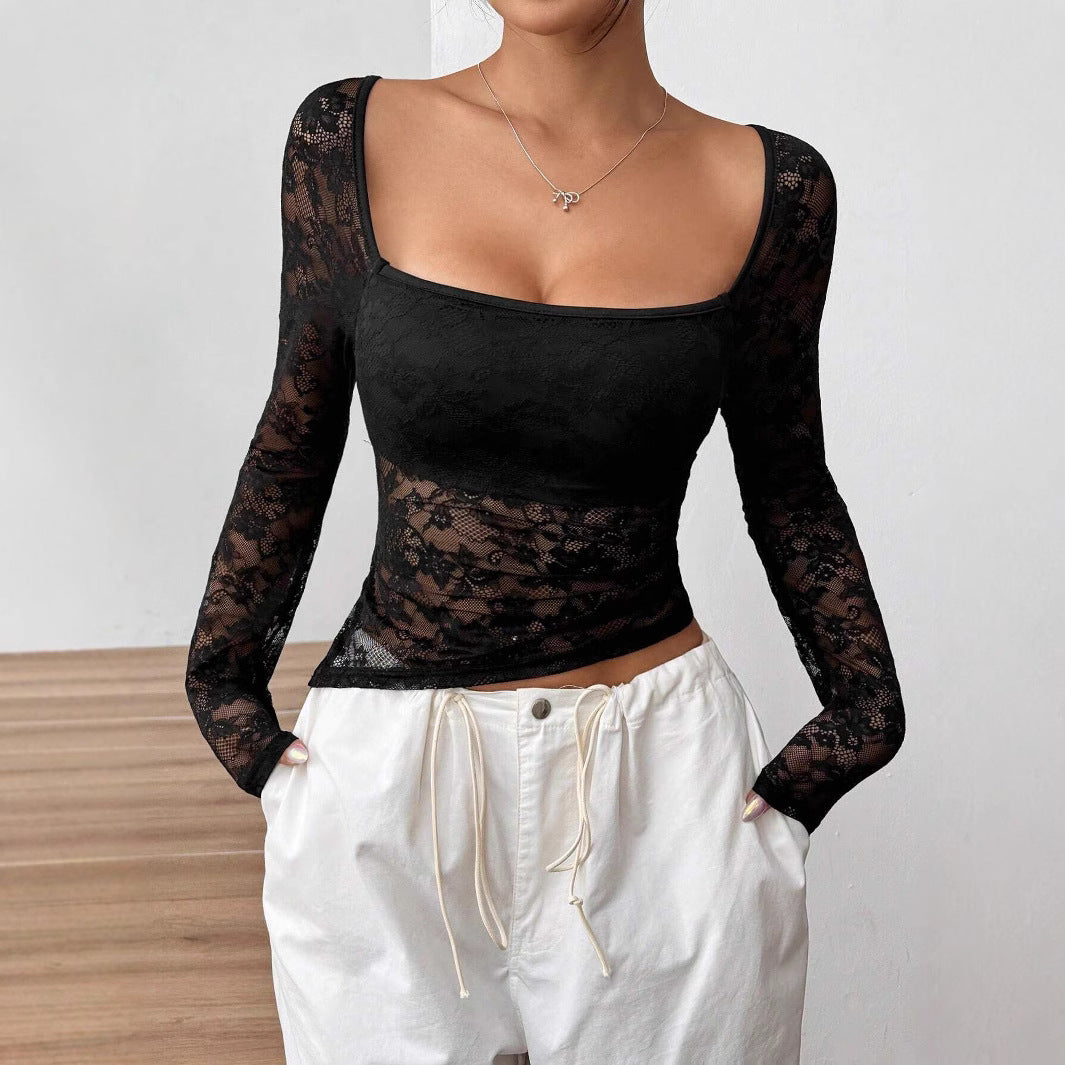 Elegant Women's Lace U-collar Asymmetric Top