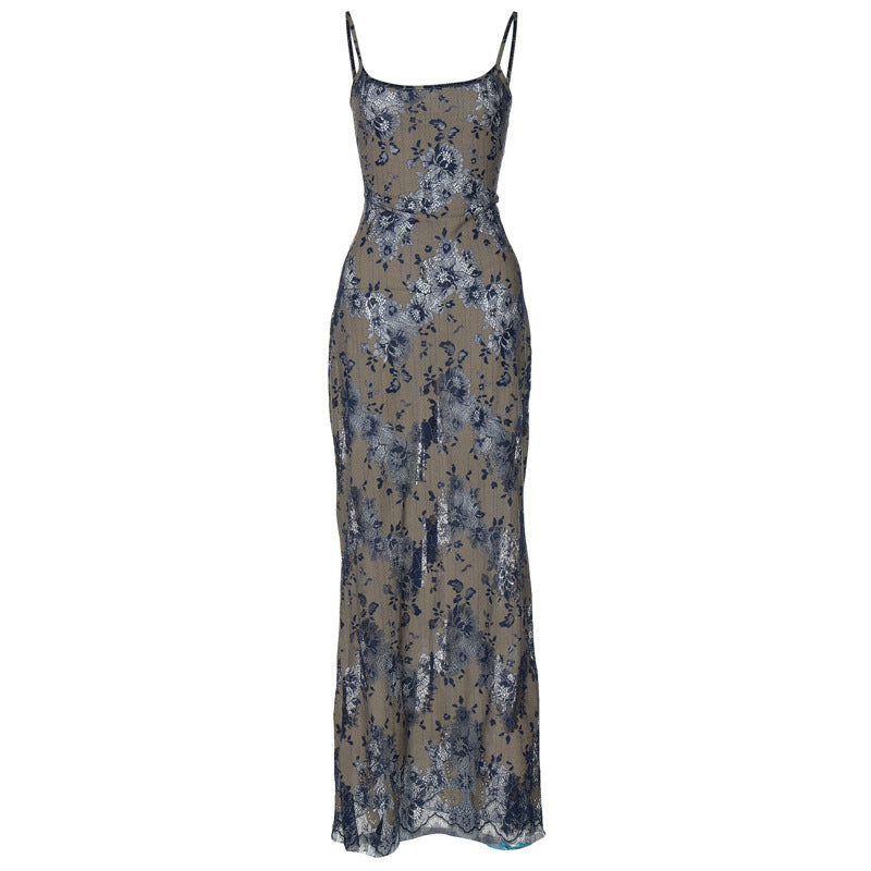 Dyed Printing Stitching Hollow Back Strap Elegant Style Long Dress Women