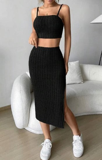 Women's Solid Color Stretch Tight Midriff-baring Camisole Hip Skirt Suit