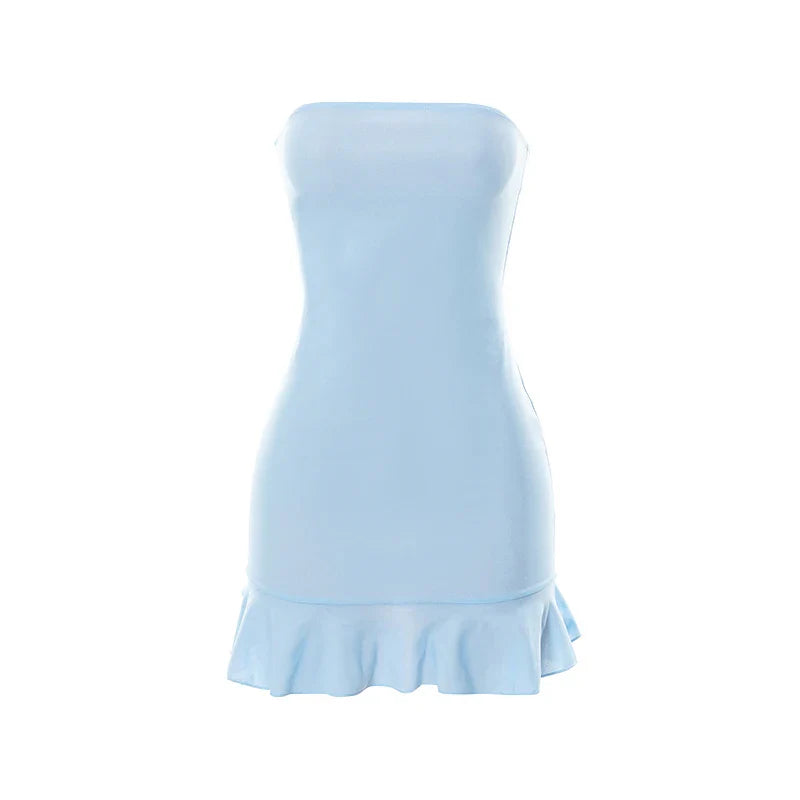 Women Soft Tender Slight Blue Strapless Wrap Hipster Mini Pleated Dress Pullover Sexy
