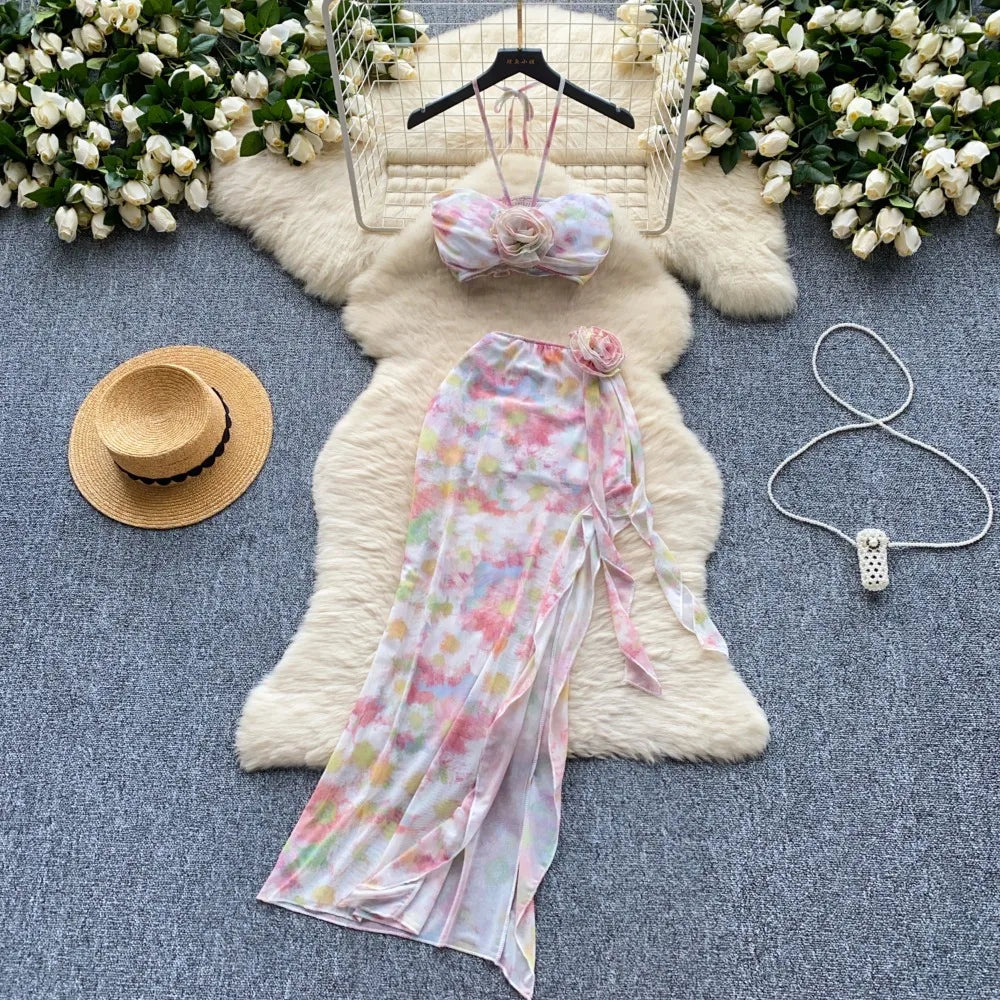 Flower Strapless Halter Tank Top and Split Ribbon Skirt Two Piece Set