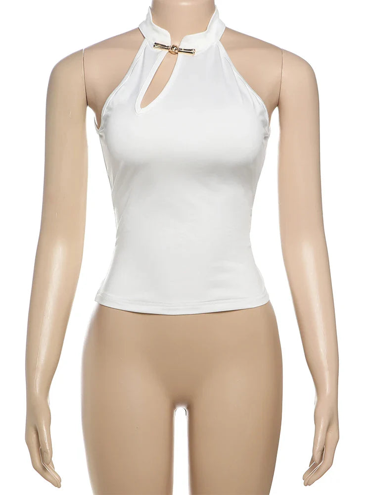 Cheongsam Buckle Tank Tops Women Y2K Summer Trend Basic Classic Hollow Solid Simple Street Stretch Daily Chic Vest