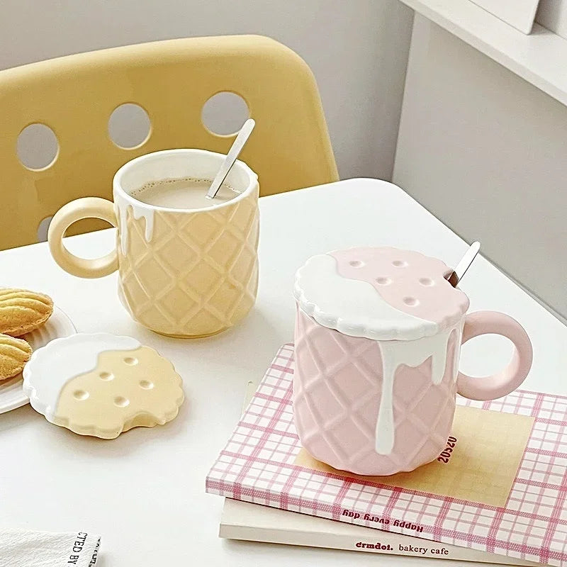 Kawaii Biscuit Pattern With Lid And Spoon Ceramic Cups Cute Cup Drinkware