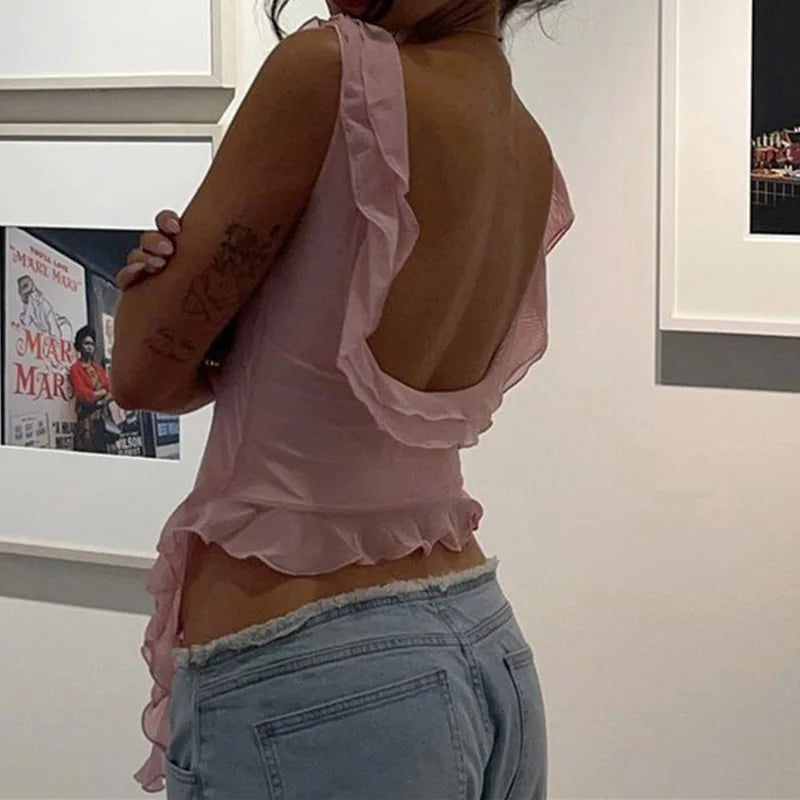 Fashion O-neck Sleeveless Tank Top Sexy Ruffles Backless Irregular Crop Tops  Summer Casual Streetwear Women Camis