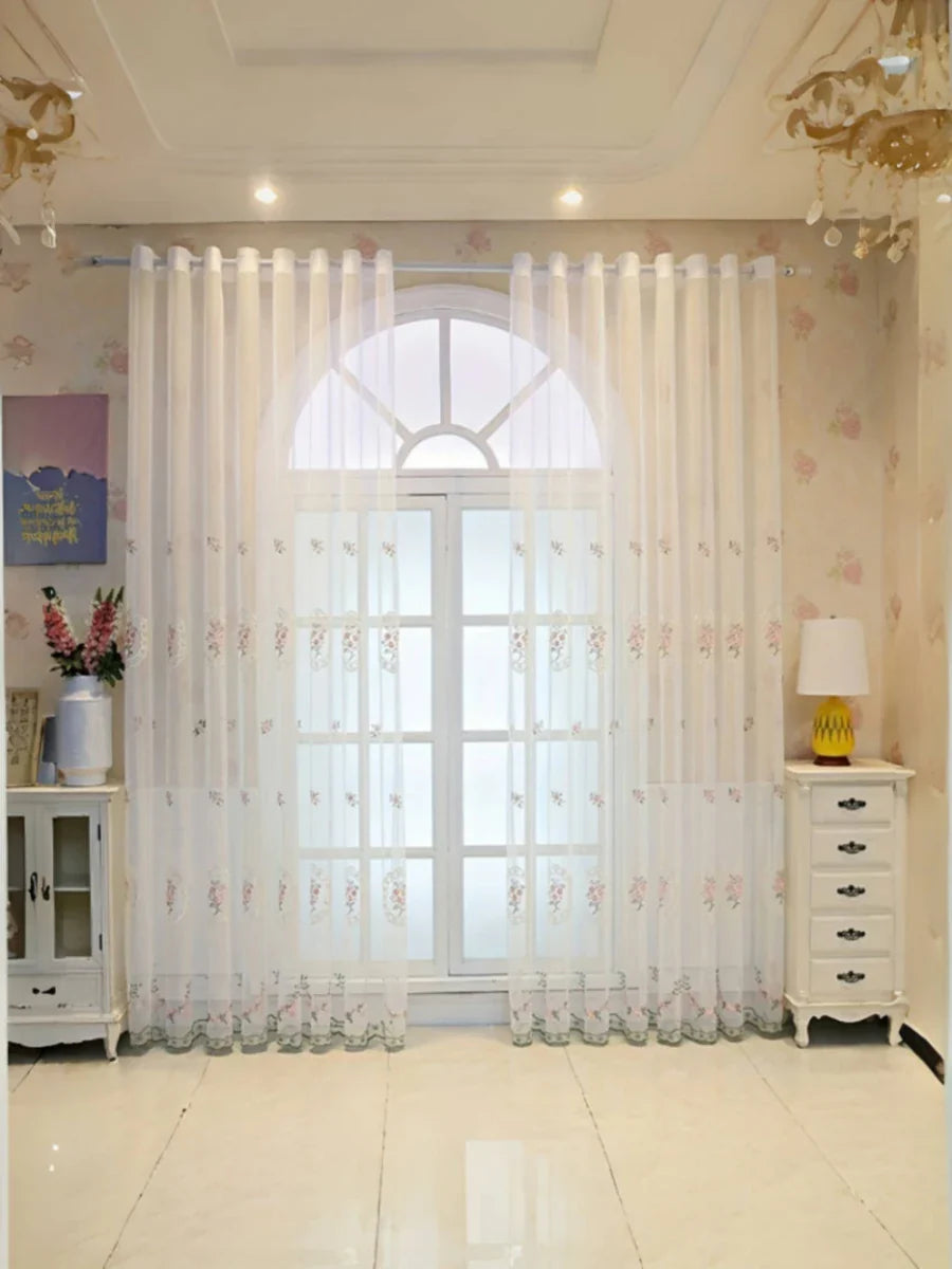 Pink Lace Sheer Curtains Embroidered Window Treatment Pastoral Curtain Drapes Floral Voile Romantic Tulle Curtain