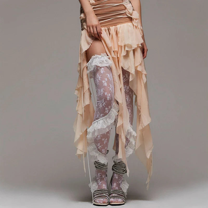 Women's Vintage Floral Lace See-through Thigh High Socks Coquette Sheer Ruffled Stockings