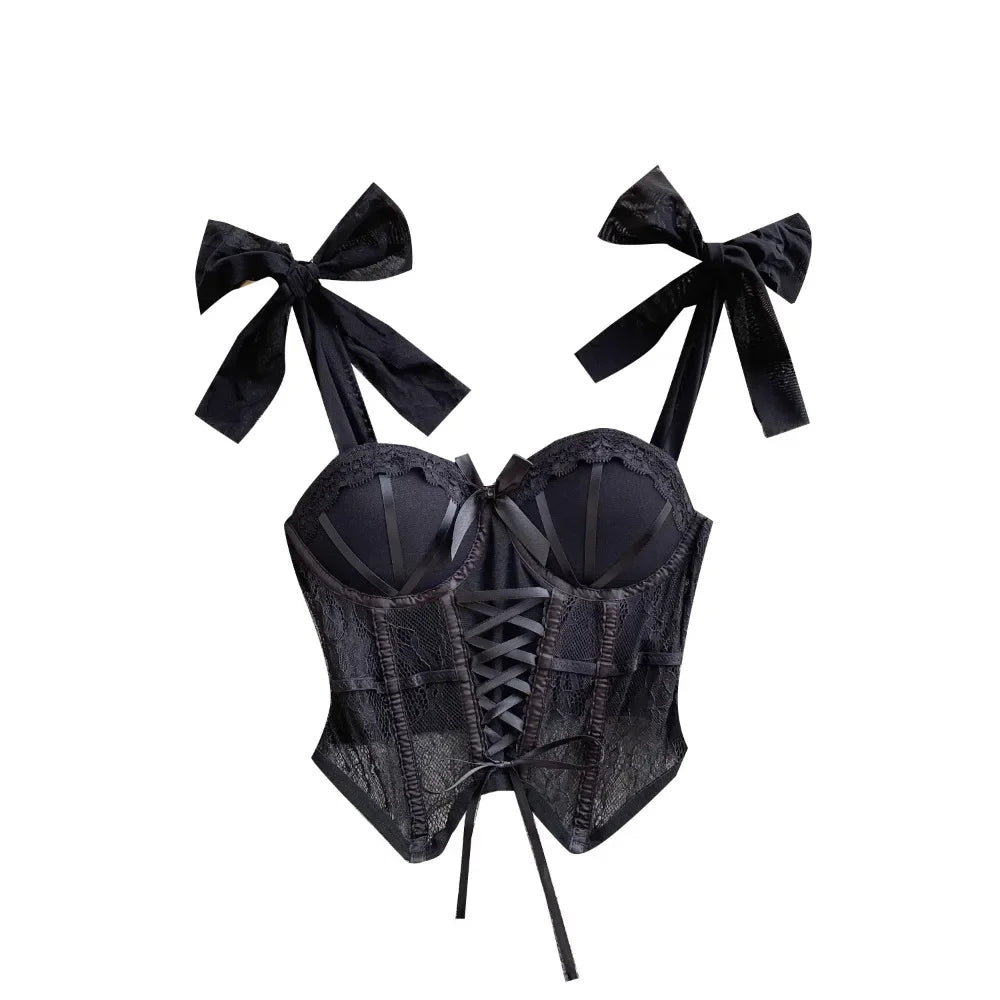 Spaghetti Strap Tank Top for Women Strapless Build in Bra Lace Patchwrok Tulle Bow Camis Summer Casual Female Camisoles