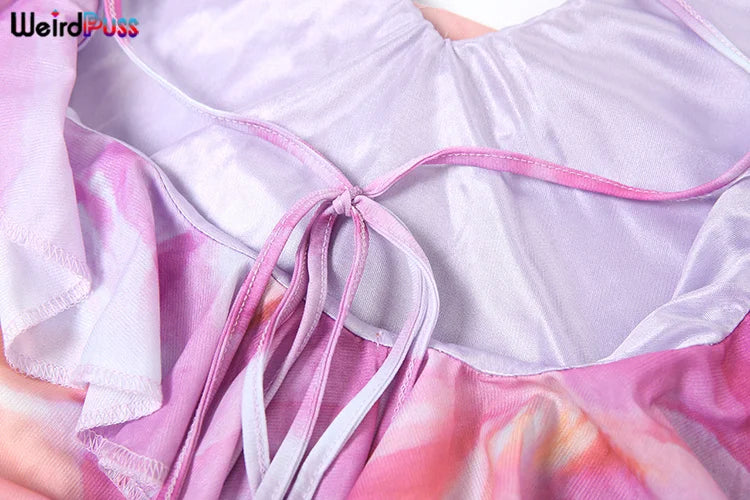 Flower Print Woman Summer Strapless Splits Irregular Tassel Patchwork Backless Skinny Dress