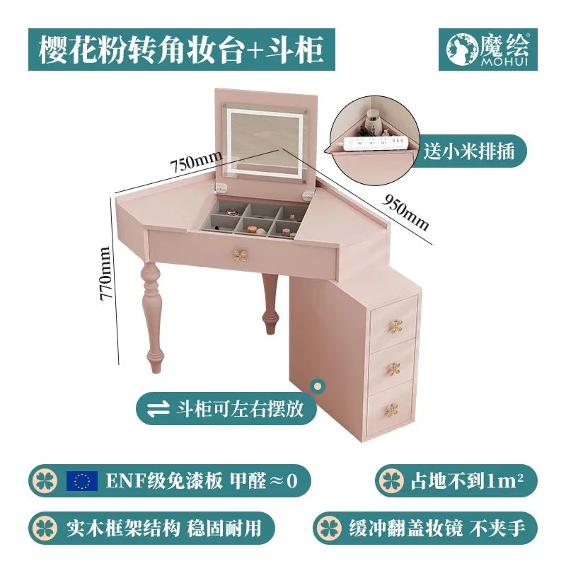 Small Pink Makeup Vanity Table with Mirror and Drawers for Bedroom Storage - Stylish Coiffeuse Furniture