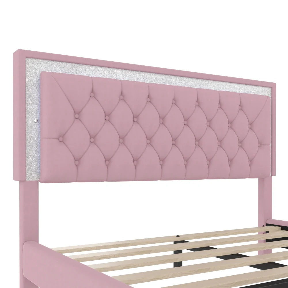 Three -Piece Upholstered Platform Bed Set with LED Lights and Nightstands Pink Velvet Foam-Filled Elegance & Ambiance Easy