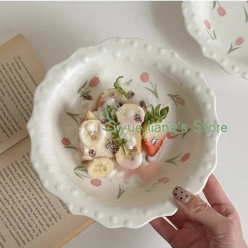 Tulip Wave Bead Point Plate, French Vintage Lace Underglaze Delicate  Dinner Entree Plate