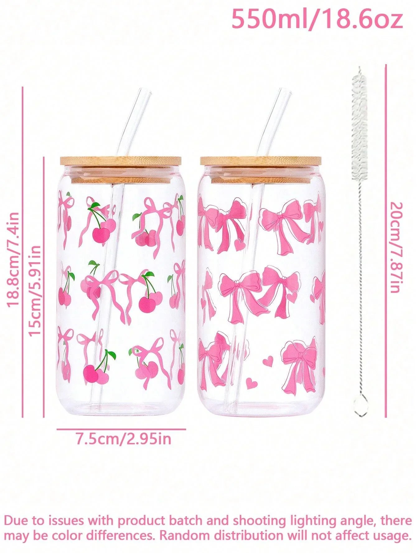 Cute Bow Glass Cup Love Cherry Bow Pattern With Lids & Straw 500ml