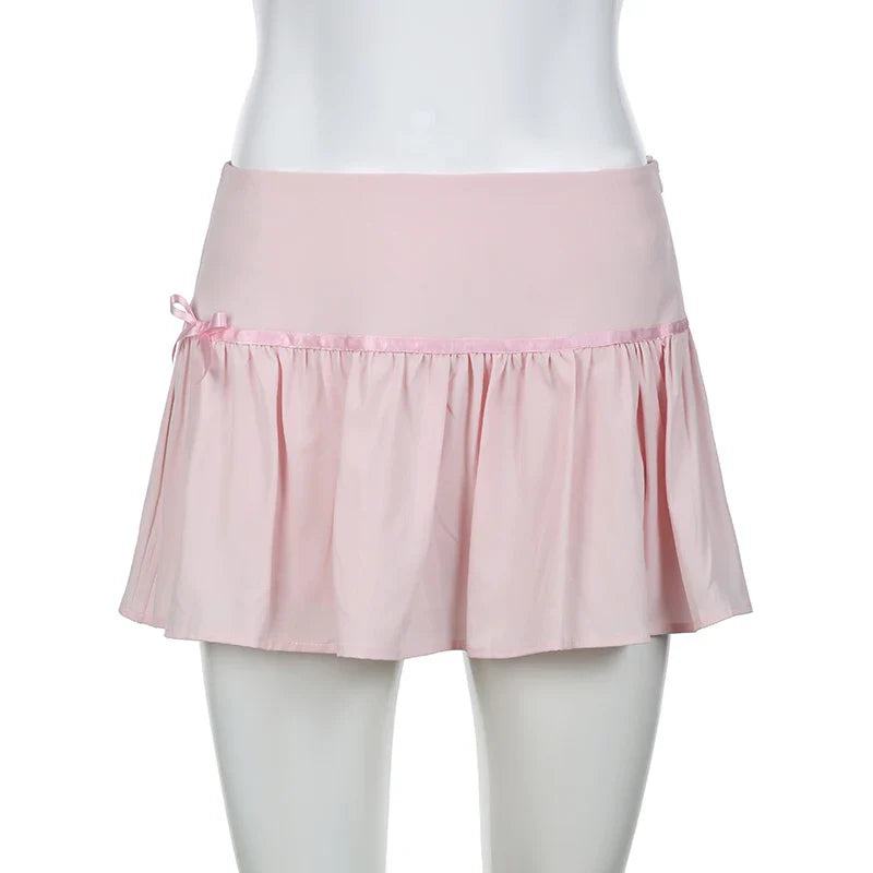 Hot-sweet Pink Spliced Summer Mini Skirt Bow Fashion Cute Folds A-Line Women Skirts Coquette Clothes