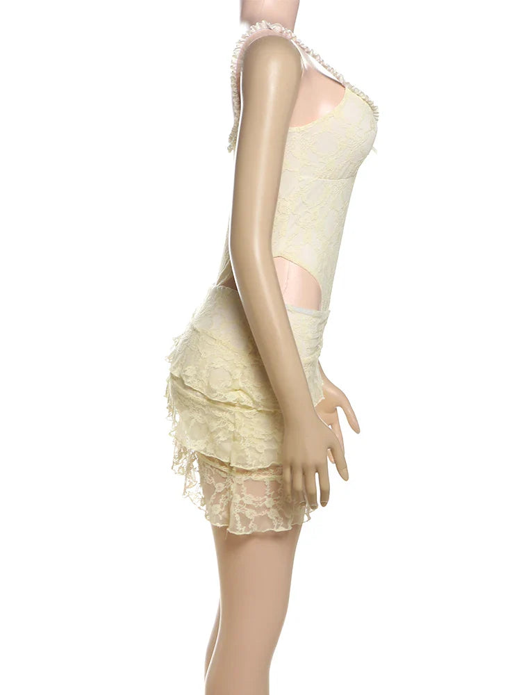 Jacquard Elegant 2 Piece Women Low-Neck Sleeveless Bodysuits+Ruched See Through Tassel Skirt Suits