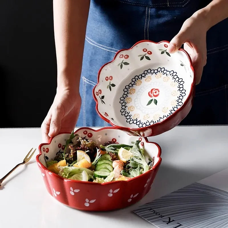 Cherry Ceramic Bowl Retro Vegetable Salad Bowl Fruit Bowl Steamed Egg Bowls Dessert Snack Bowls Restaurant Ceramic Tableware