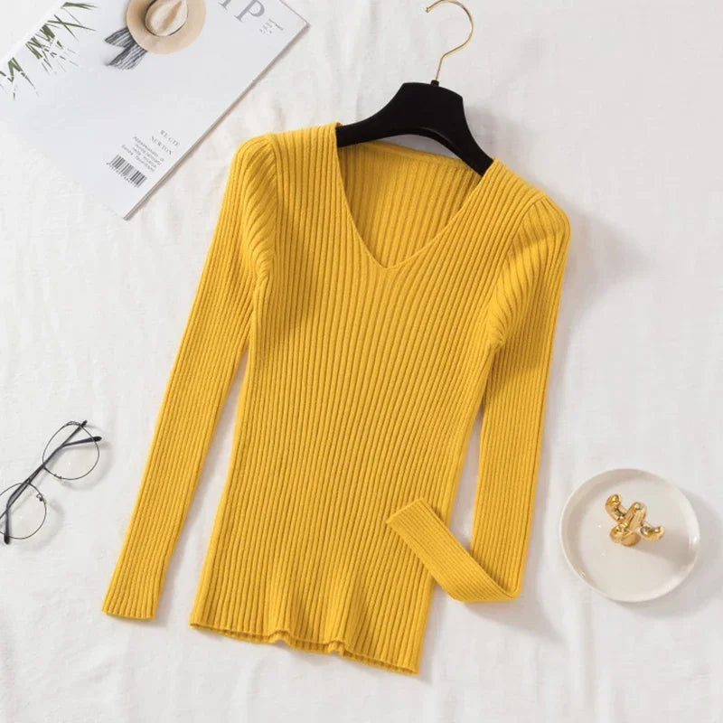 Women Sweaters Casual Long Sleeve Knitted V Neck Pullover Sweater Femme Basic Solid Jersey Tops Fashion Clothes
