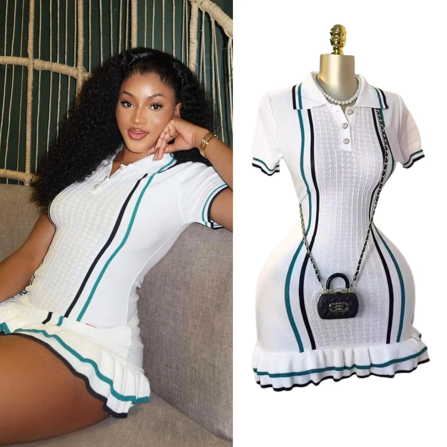 Chic Fashion Sexy Package Hips Knitted Mini Dress - Summer Vintage Turn-down Collar Ruffled Party Dress Streetrwear
