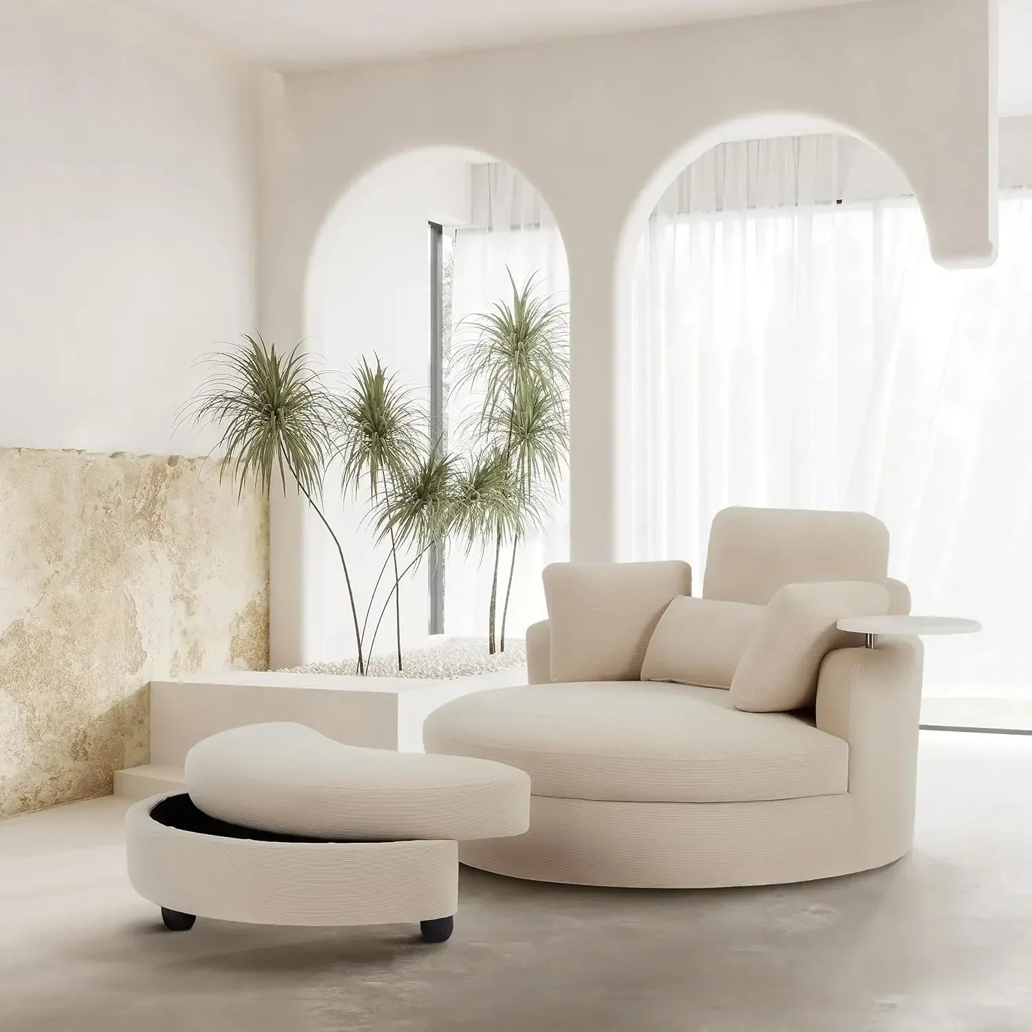 Swivel Book Nook Chair with Storage Ottoman and 4 Movable Pillow Backrest, 360° Rotating Round Barrel Sofa Chair