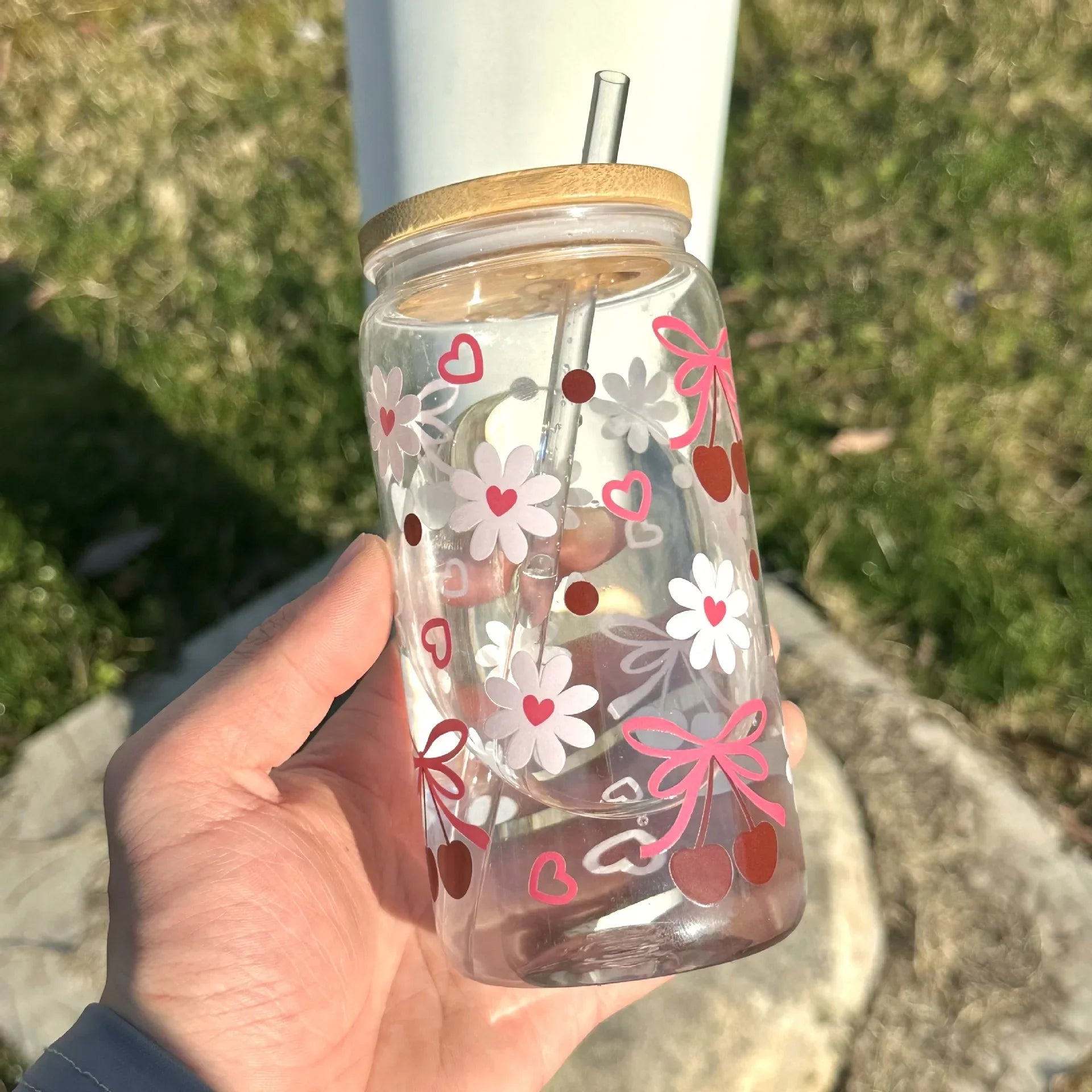 Cute Bow Glass Cup Tumbler Mason Jar Shaped With Lids & Straw