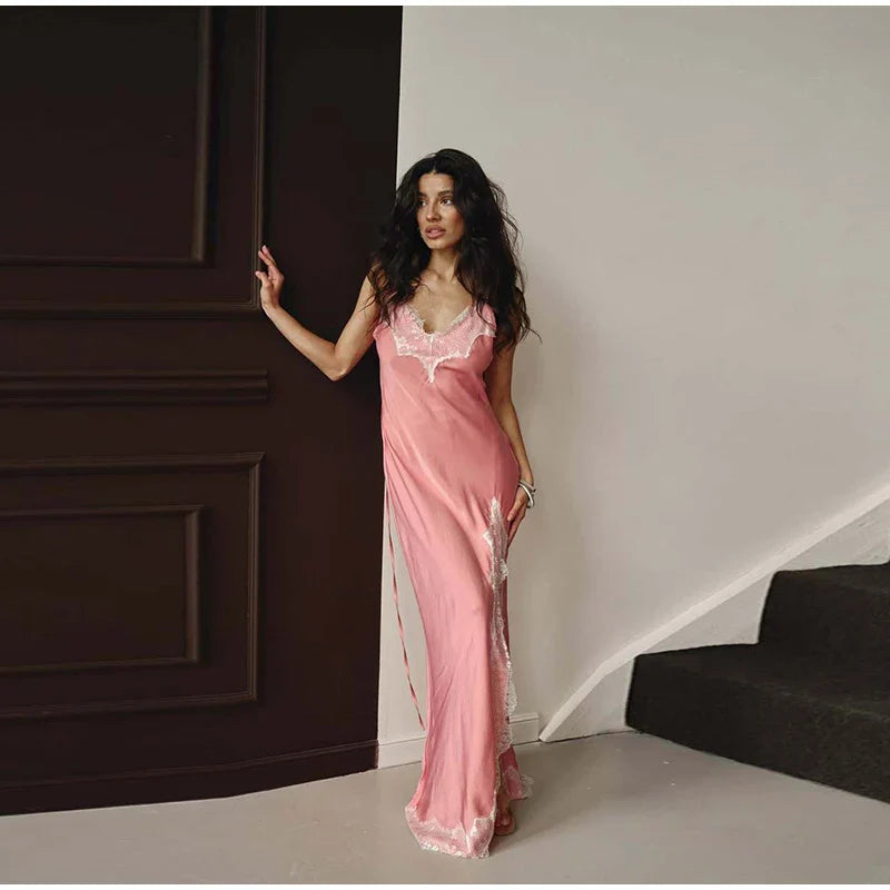 Sexy Lace Patchwork Satin Sling Long Slim V-neck Sleeveless Backless Maxi Dress