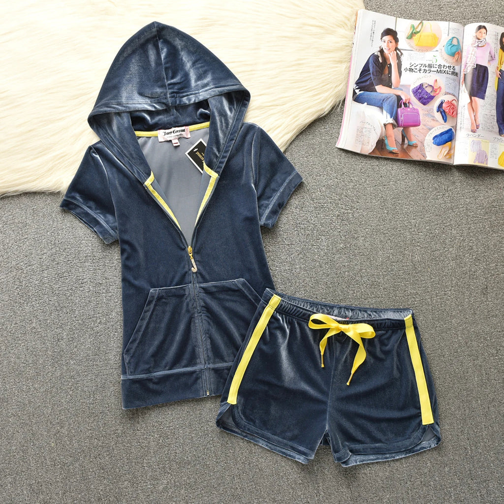 Velvet Velour Shorts Tracksuit Two Piece Sets Women Outfit Short Sleeve Top and Short Sets