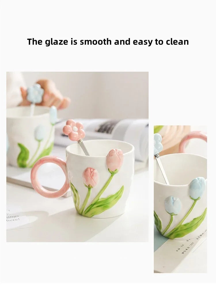 Tulip Flower Ceramic Mug Three-dimensional Design Creative Girl Heart Cup