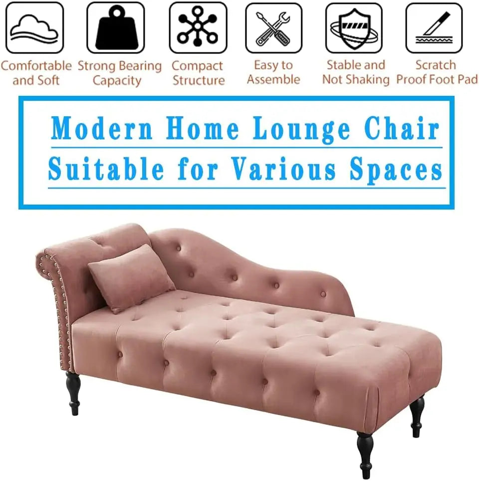 Upholstered Velvet Rolled Arm Chaise Lounges Indoor Chair, Right Arm Facing Chaise Lounge with Nailhead Trim and 1 Pillow