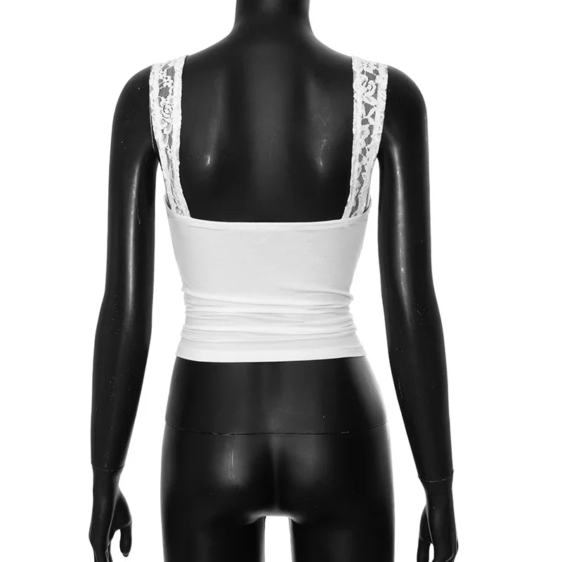 Lace Straps High Elasticity Tank Top Solid Color Sleeveless Slimming Square Neck Shrink Pleated Backless Cami Tank Top