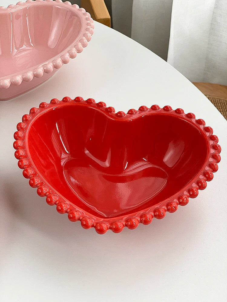 Porcelain Red Pink Bead Dots Ceramic Heart Dinner Plate Tableware