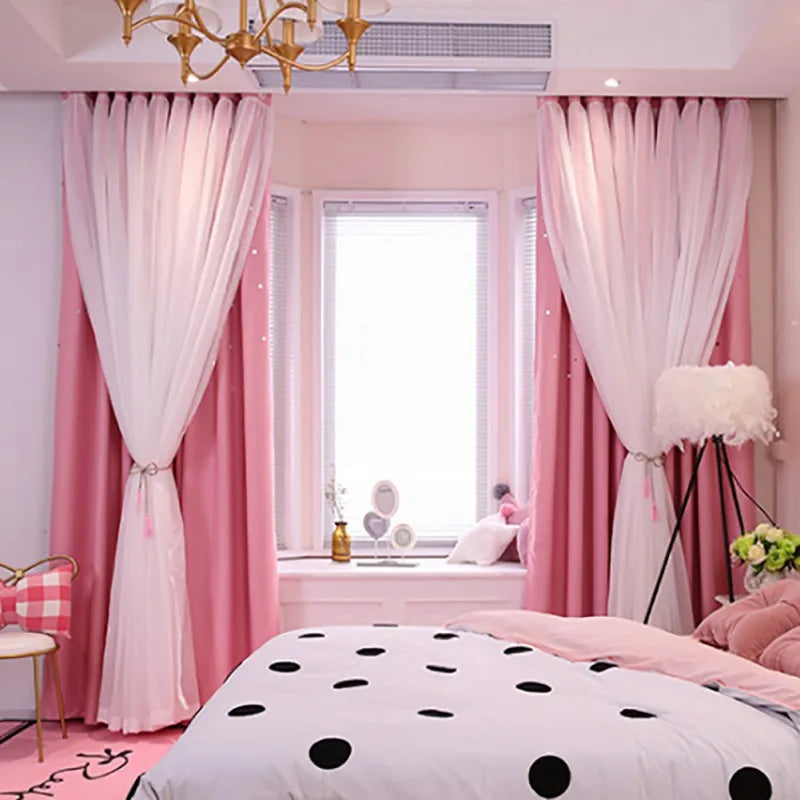 Double-Deck Princess Curtains for Living Room Hollow Stars Lace Curtain for Bedroom Shade Curtain Tulle Cloth