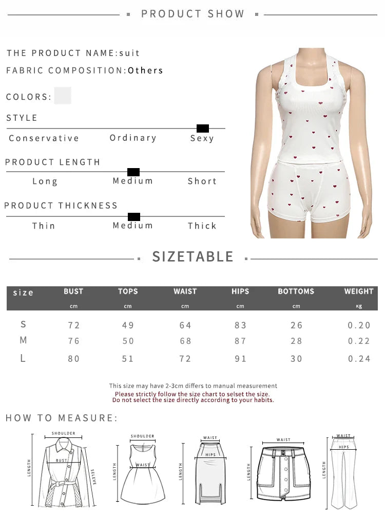 Comfortable Heart Print 2 Piece Set Women Square Collar Sleeveless Crop Tops+Stretch Shorts Sweet Fashion Outfits