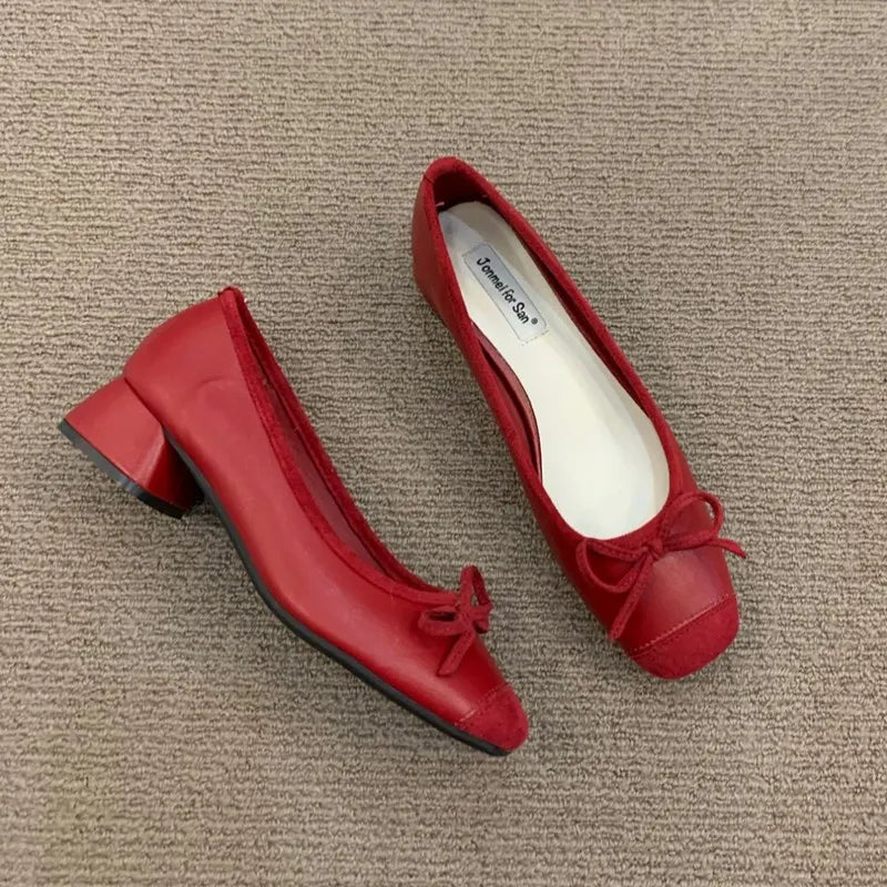 Fashion Elegant Red Ballerinas Women Pumps Slip on Loafers Round Toe Square Heels Bowknot Low Heel Shoes