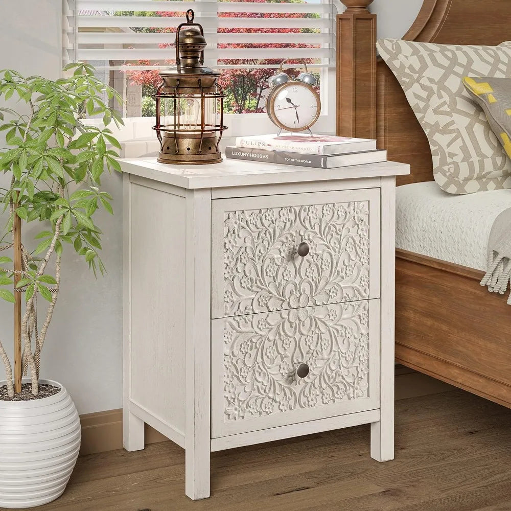 French Country Modern Set of 2 Farmhouse Style Fully-Assembled Nightstand with 2-Drawer, Flower Motif End Table for Small Spaces