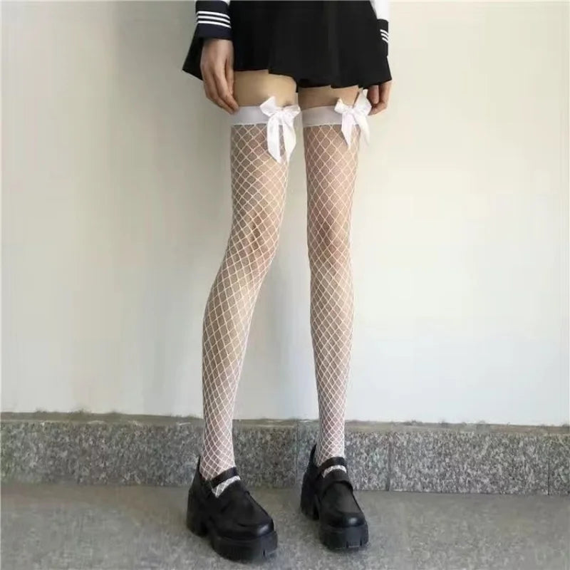 Fishnet Stockings Bow Tie Contrasting Color Women's Knee High Sexy Hollow Out Seductive Large Mesh Stocking