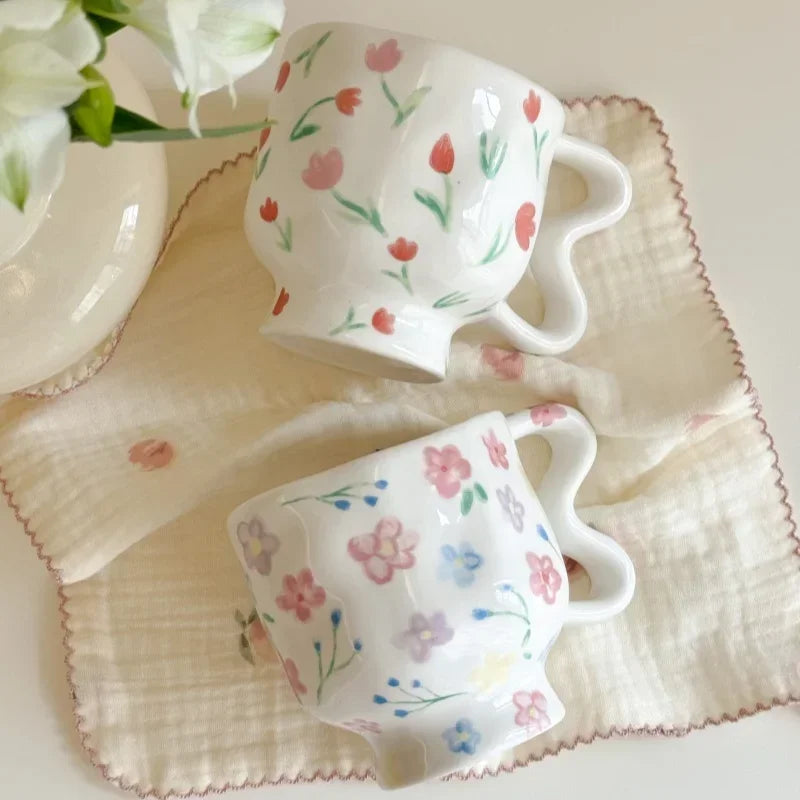 Ceramics Mug Cute Flower Pattern High Footed