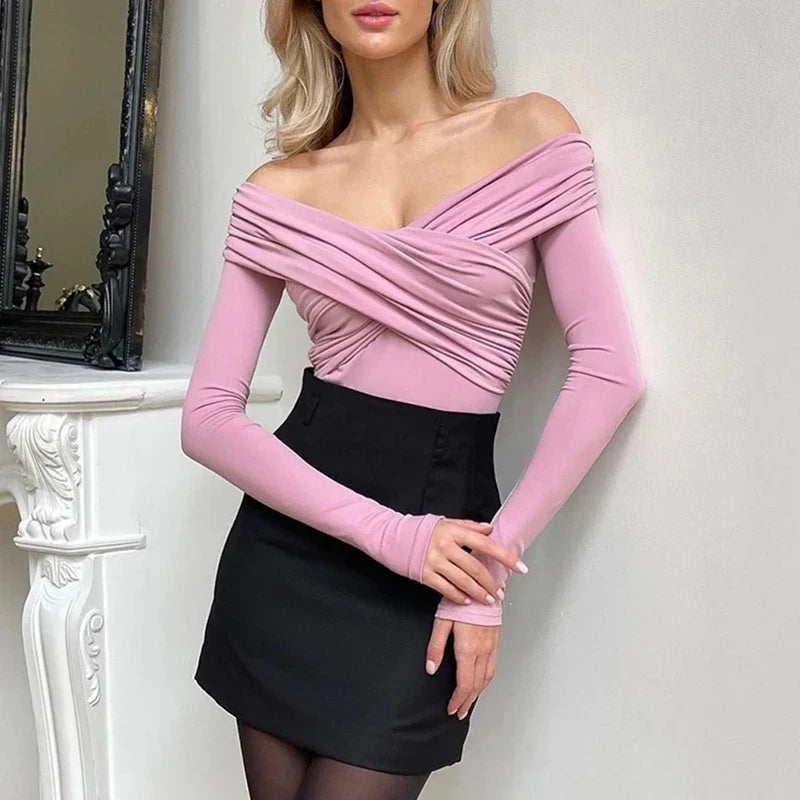 Sexy Off Shoulder Women's Bodysuits Fashion Crossed Folds Skinny Rompers Long Sleeve