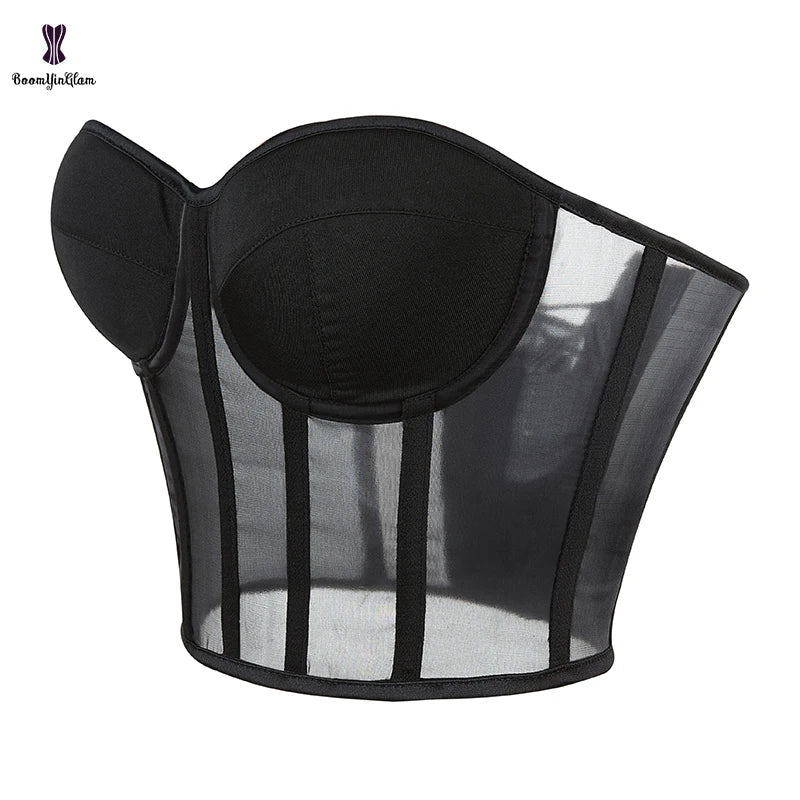 Summer Translucent Corset Women's Mesh Crop Top Black Padded Bra Bustier