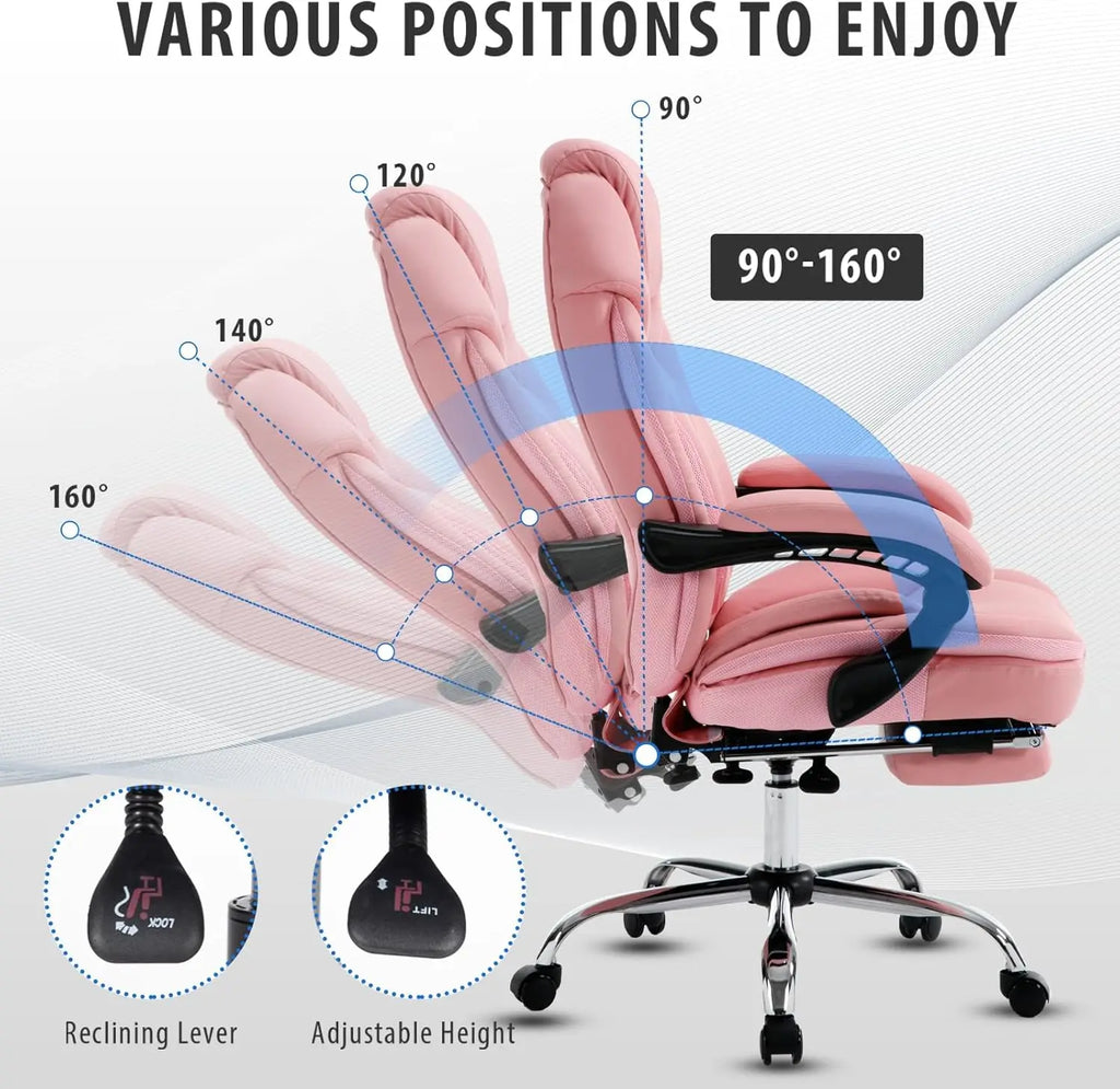 Ergonomic Recliner Executive Chairs With Footrest Back Support Wide Seat Comfortable Padded Reclining Chairs Pink 350 lbs