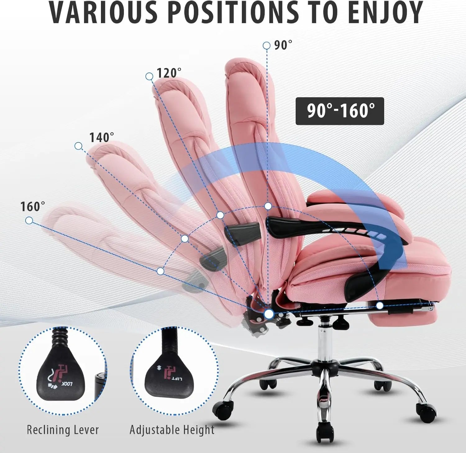 Ergonomic Recliner Executive Chairs With Footrest Back Support Wide Seat Comfortable Padded Reclining Chairs Pink 350 lbs
