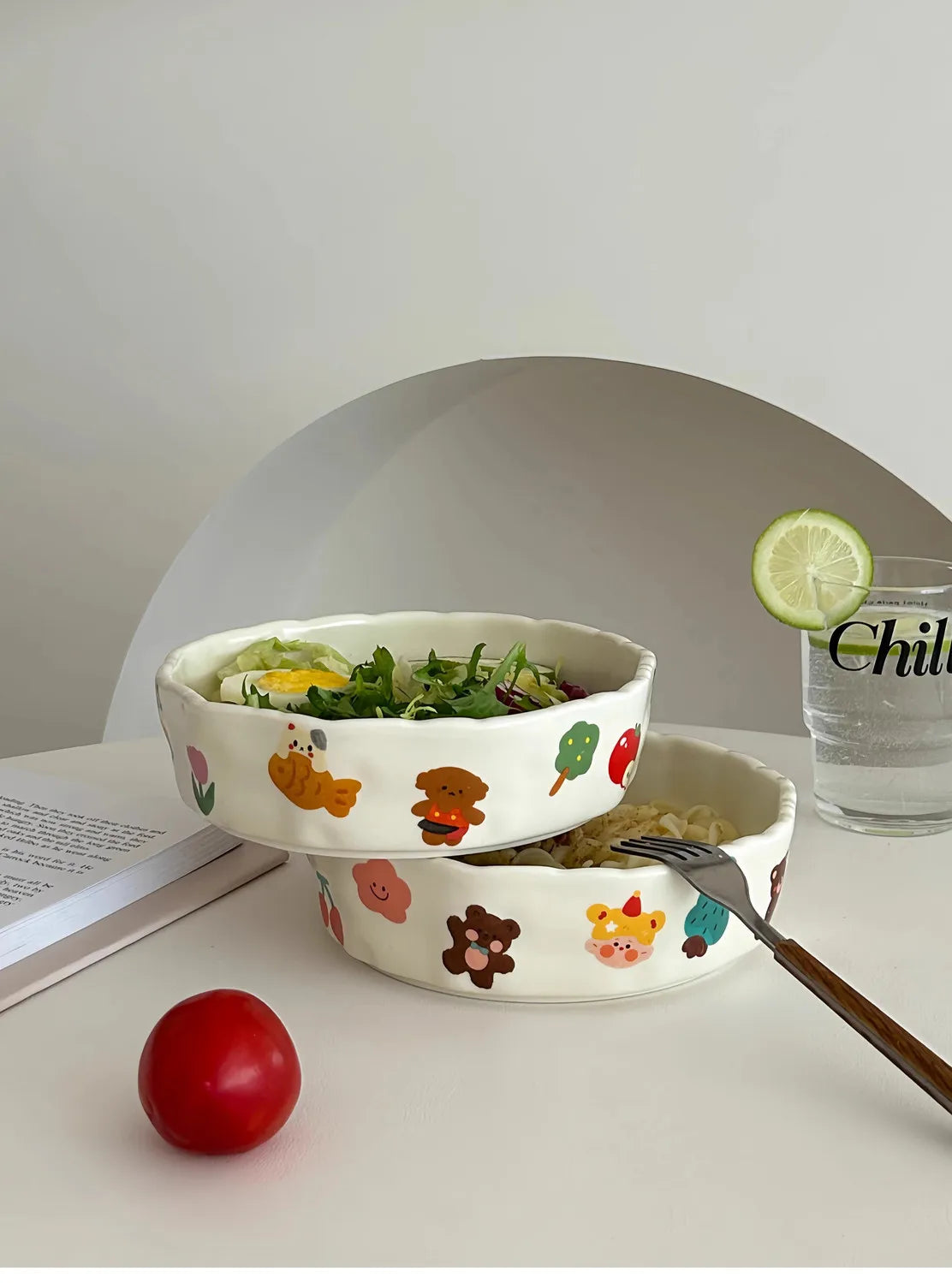 Cute Little Design Matte Hand Pressed Ceramic Deep Plate Cartoon Bowl