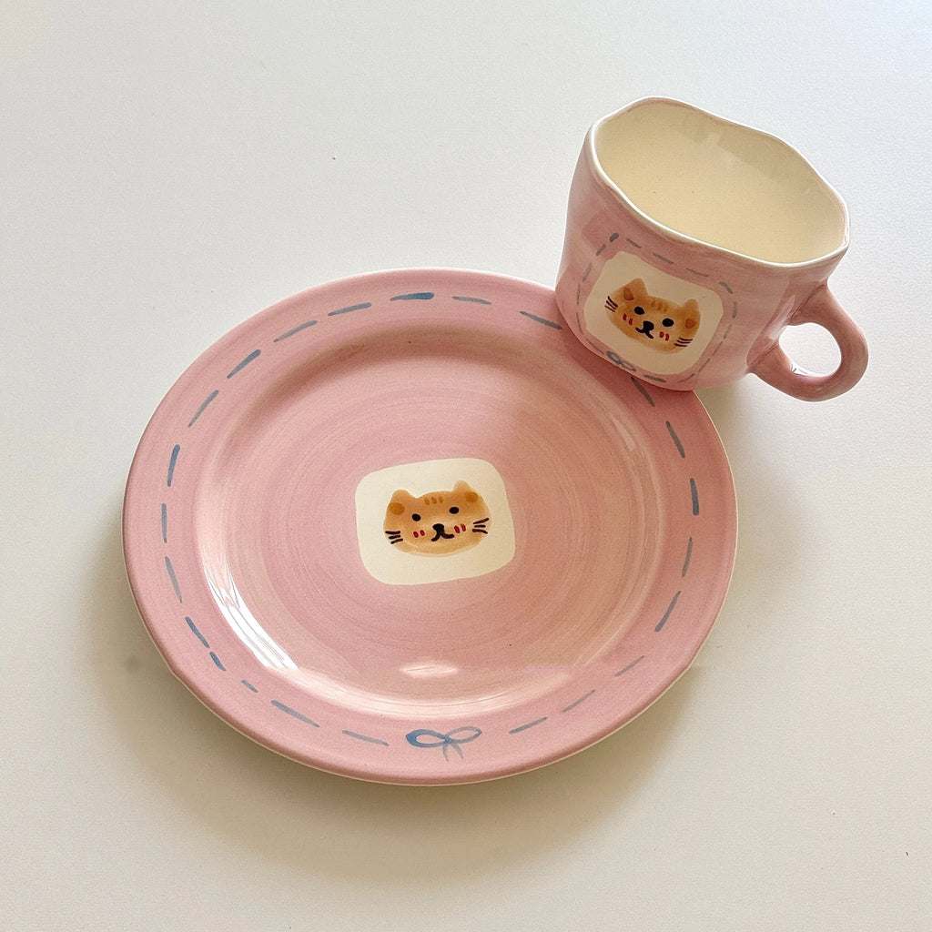 Cute Pink Hand Drawn Ceramic Line Bows 7.9 Inches Serving Plates