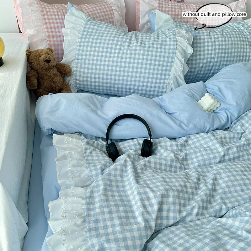 Plaid 3pcs Printed Bedding Set Lace Duvet Cover And 2pcs Pillowcases (no padding)