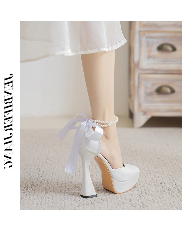 Fashion Super High Heels Sandals Bow Buckle Square Head Heels Ladies Shoes