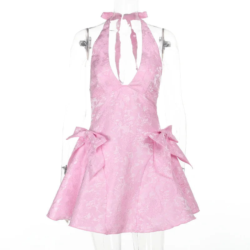 Pink Jacquard Halter Bow Evening Party Dress Women Robes Backless Elegant Sexy Dress Bodycon Mini Dress