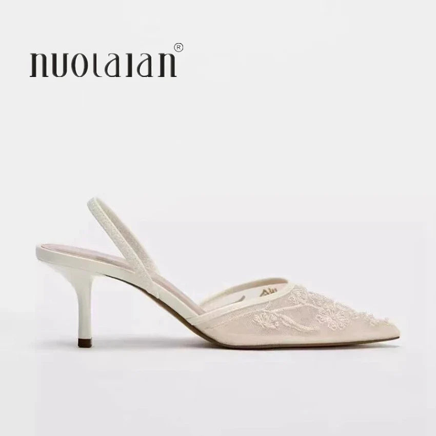 Brand Designer White Women Pumps Mesh Embroidered Flowers Back Strap Sexy Slingback High Heels