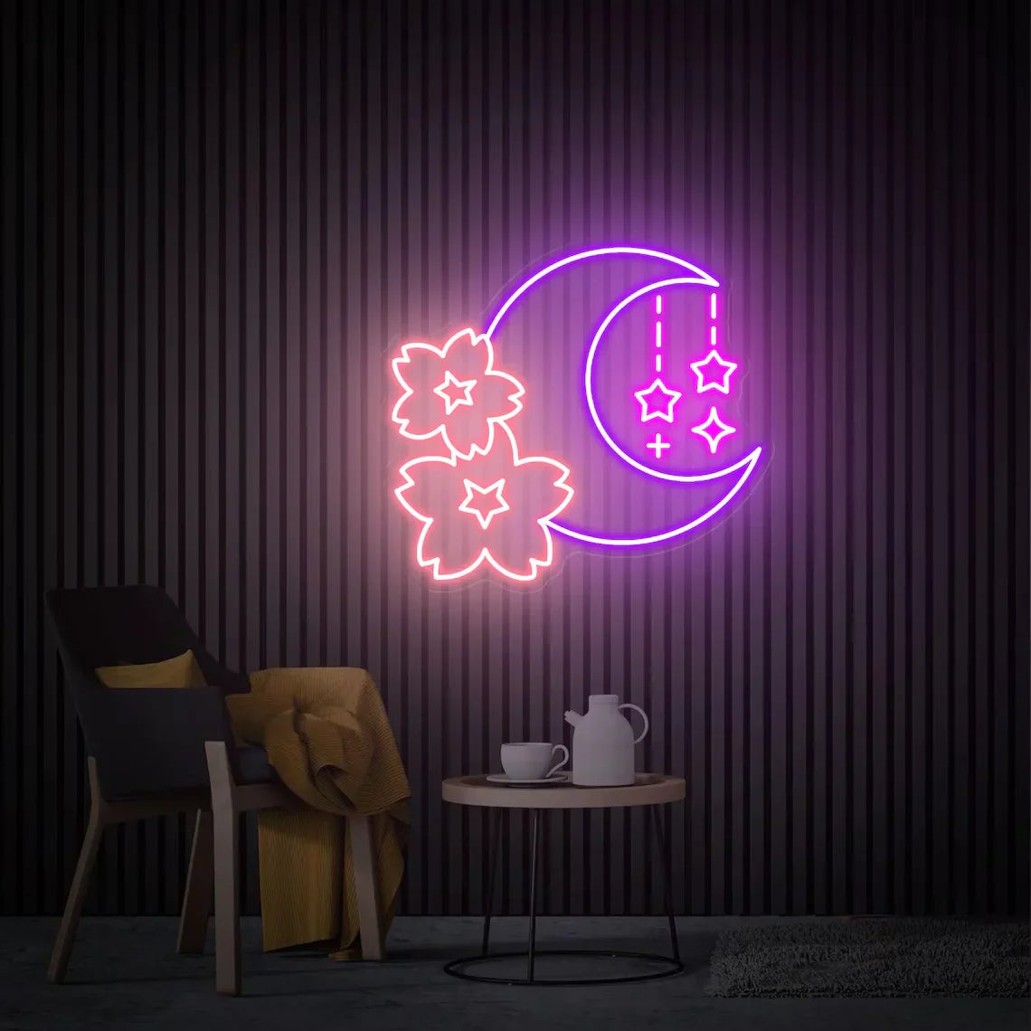 Sakura and Moon Neon Sign, Cherry Blossom